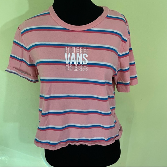 VANS PINK MULTICOLORED STRIPED GRAPHIC LOGO T SHIRT SIZE MEDIUM - Picture 1 of 6